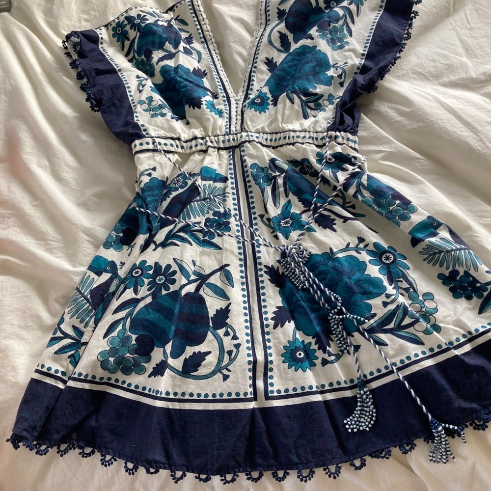 Farm Rio Tropical Tiles Floral Linen-Blend Mini A-Line Dress - Size M